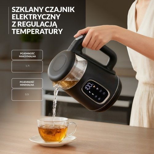 Elektriskā stikla tējkanna ar LED displeju & temperatūras regulēšanu 1,7L