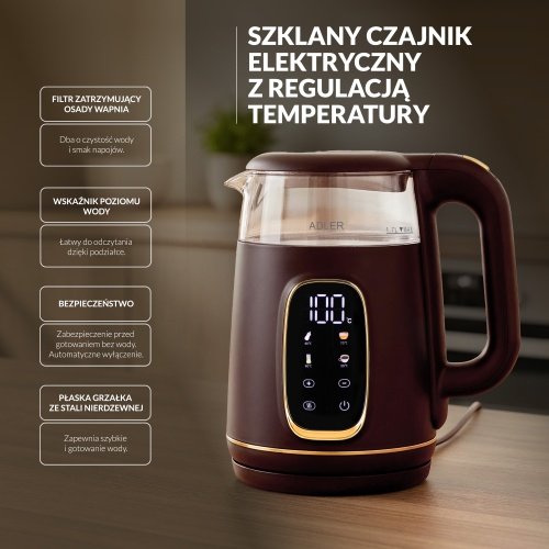 Elektriskā stikla tējkanna ar LED displeju & temperatūras regulēšanu 1,7L