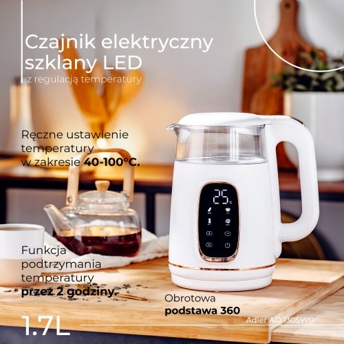 Elektriskā stikla tējkanna ar LED displeju & temperatūras regulēšanu 1,7L