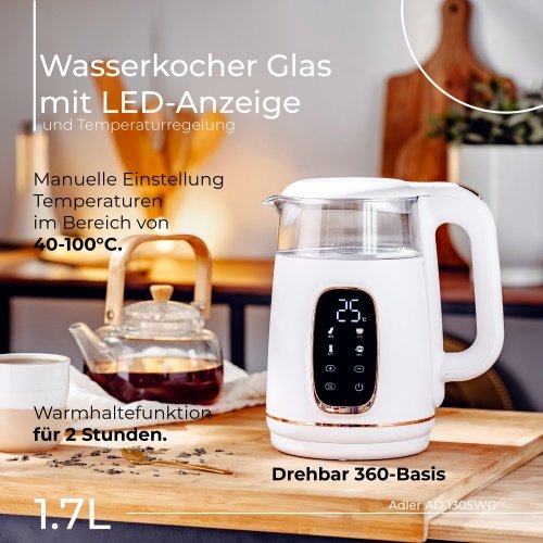 Elektriskā stikla tējkanna ar LED displeju & temperatūras regulēšanu 1,7L