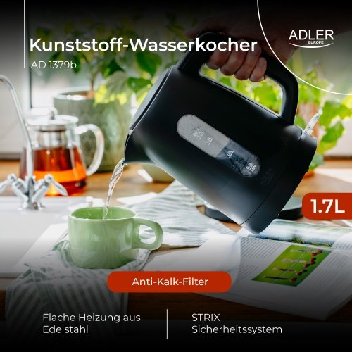 Adler tējkanna plastmasas 1,7 L melna | Strix
