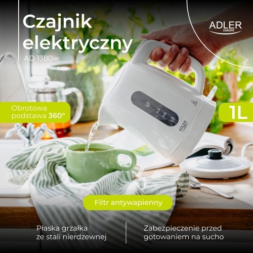 Adler tējkanna plastmasas 1,0 L, balta