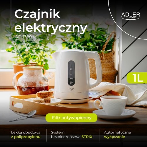 Adler tējkanna plastmasas 1,0 L, balta