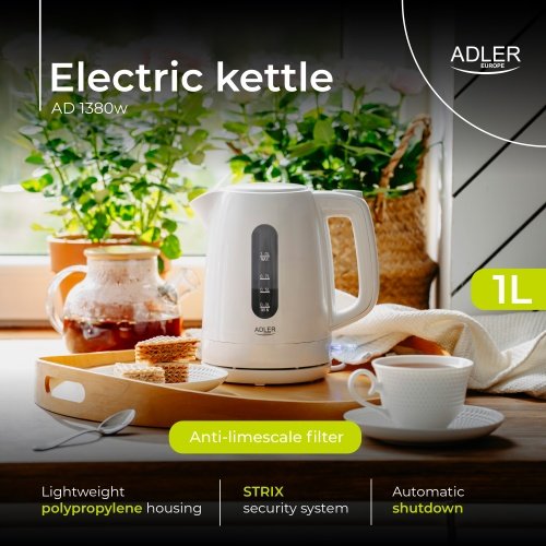 Adler tējkanna plastmasas 1,0 L, balta