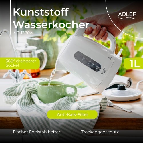 Adler tējkanna plastmasas 1,0 L, balta