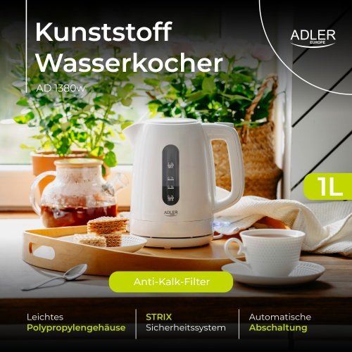 Adler tējkanna plastmasas 1,0 L, balta