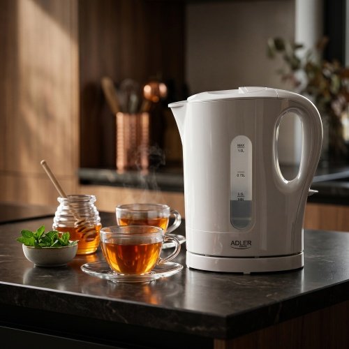 Elektriskais plastmasas tējkannas 1,0 l, 1200 W, ūdens līmeņa rādītājs, automātiskā izslēgšanās, aizsardzība pret vārīšanu bez ūdens, stabila pamatne, balta