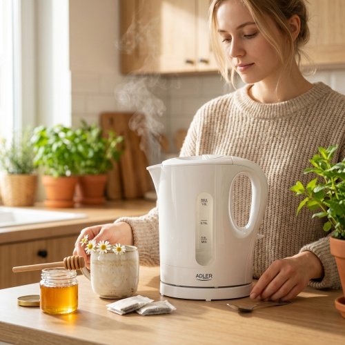 Elektriskais plastmasas tējkannas 1,0 l, 1200 W, ūdens līmeņa rādītājs, automātiskā izslēgšanās, aizsardzība pret vārīšanu bez ūdens, stabila pamatne, balta