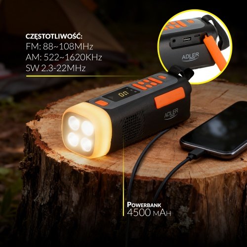 Avārijas radio ar saules uzlādi | Bluetooth 5.0 | 4 W LED lukturis | 4500 mAh ārējais akumulators