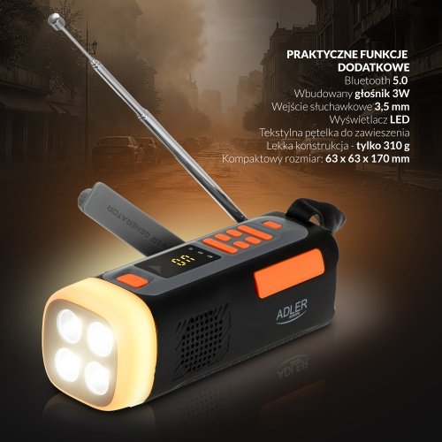 Avārijas radio ar saules uzlādi | Bluetooth 5.0 | 4 W LED lukturis | 4500 mAh ārējais akumulators