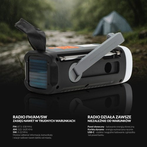 Avārijas radio ar saules uzlādi | Bluetooth 5.0 | 4 W LED lukturis | 4500 mAh ārējais akumulators