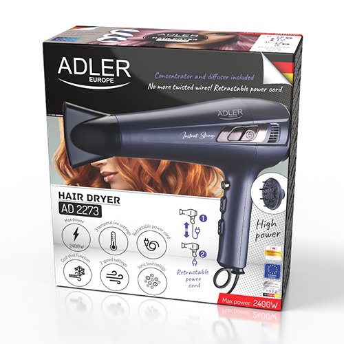 Adler matu fēns ar izvelkamu vadu - 2400W + difuzors