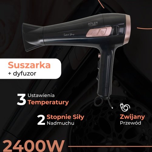Adler matu fēns ar izvelkamu vadu - 2400W + difuzors