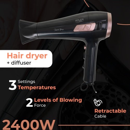 Adler matu fēns ar izvelkamu vadu - 2400W + difuzors