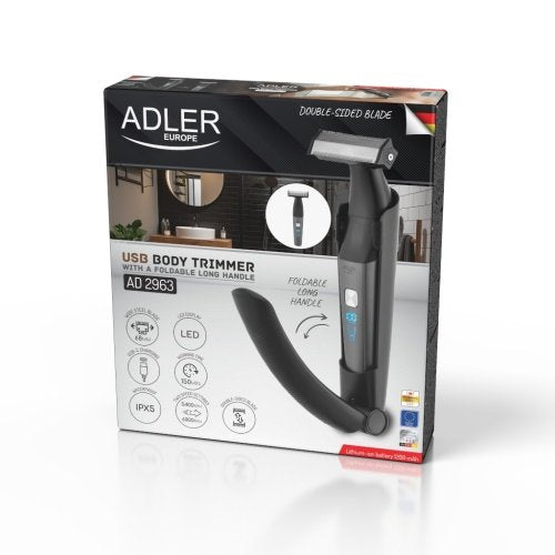 Ķermeņa trimmeris ar garu salokāmu rokturi, USB, platu divpusēju 68 mm asmeni,