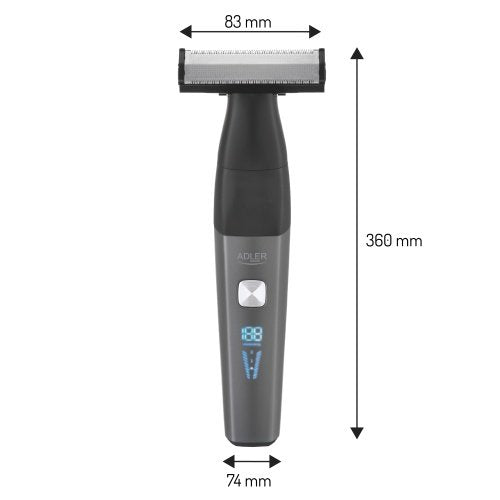 Ķermeņa trimmeris ar garu salokāmu rokturi, USB, platu divpusēju 68 mm asmeni,