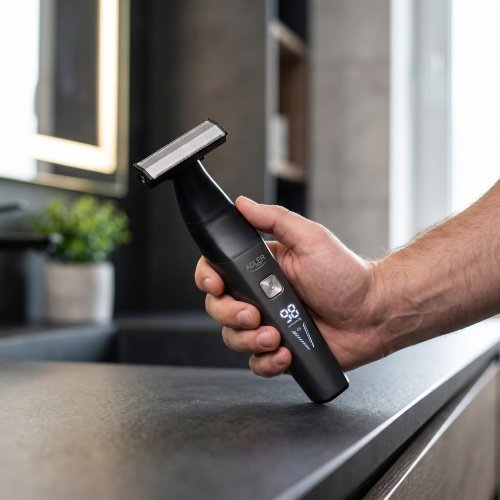 Ķermeņa trimmeris ar garu salokāmu rokturi, USB, platu divpusēju 68 mm asmeni,