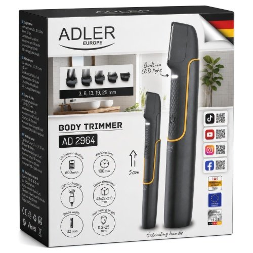 Ķermeņa trimmeris ar izvelkamu rokturi, divpusēju nerūsējošā tērauda asmeni, 5 ķemmēm (3–25 mm), LED apgaismojumu,