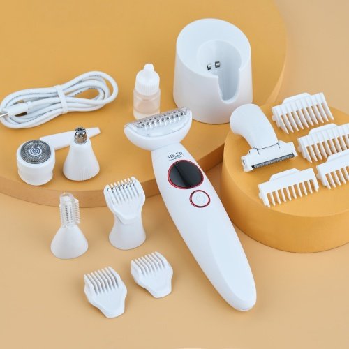 6-in-1 sieviešu trimmeru komplekts, folijas skuveklis, bikini zonas trimmeris, uzacu, deguna un ausu trimmeris, IPX7, 90 minūšu darbības laiks, LED displejs