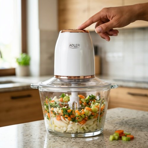 Pārtikas smalcinātājs 2 l, elektriskais virtuves smalcinātājs ar maksimālo jaudu 800 W, stikla trauks, 4 nerūsējošā tērauda asmeņi, 2 ātruma režīmi,