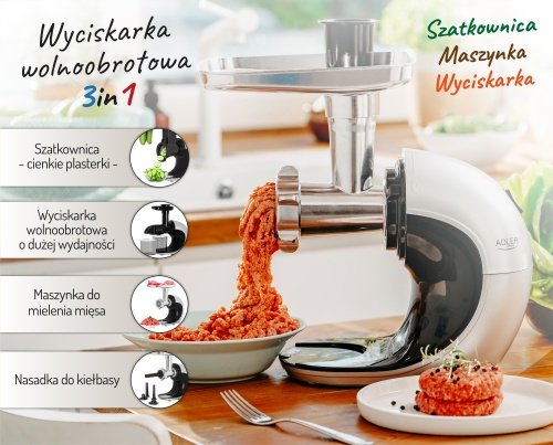 Slow-ātrums juicer 3/1 - Meat mincer, Juicer, Vegetable grater