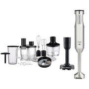 Daudzfunkcionāls rokas blenderu komplekts, 21 ātruma režīms ar „Turbo” funkciju, 1500 ml virtuves kombains, 860 ml smalcinātājs, kubiņu griešanas uzgalis, putotājs, mīklas mīcīšanas uzgaļi, biezeņa pagatavošanas uzgalis, 600 ml krūze