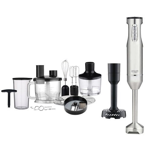 Daudzfunkcionāls rokas blenderu komplekts, 21 ātruma režīms ar „Turbo” funkciju, 1500 ml virtuves kombains, 860 ml smalcinātājs, kubiņu griešanas uzgalis, putotājs, mīklas mīcīšanas uzgaļi, biezeņa pagatavošanas uzgalis, 600 ml krūze