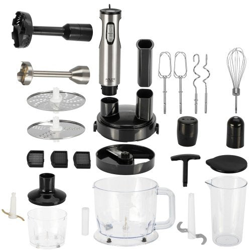 Daudzfunkcionāls rokas blenderu komplekts, 21 ātruma režīms ar „Turbo” funkciju, 1500 ml virtuves kombains, 860 ml smalcinātājs, kubiņu griešanas uzgalis, putotājs, mīklas mīcīšanas uzgaļi, biezeņa pagatavošanas uzgalis, 600 ml krūze
