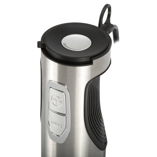 Daudzfunkcionāls rokas blenderu komplekts, 21 ātruma režīms ar „Turbo” funkciju, 1500 ml virtuves kombains, 860 ml smalcinātājs, kubiņu griešanas uzgalis, putotājs, mīklas mīcīšanas uzgaļi, biezeņa pagatavošanas uzgalis, 600 ml krūze