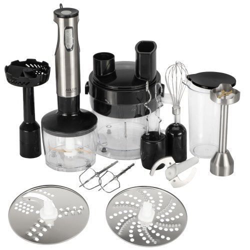 Daudzfunkcionāls rokas blenderu komplekts, 21 ātruma režīms ar „Turbo” funkciju, 1500 ml virtuves kombains, 860 ml smalcinātājs, kubiņu griešanas uzgalis, putotājs, mīklas mīcīšanas uzgaļi, biezeņa pagatavošanas uzgalis, 600 ml krūze