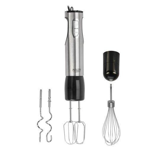 Daudzfunkcionāls rokas blenderu komplekts, 21 ātruma režīms ar „Turbo” funkciju, 1500 ml virtuves kombains, 860 ml smalcinātājs, kubiņu griešanas uzgalis, putotājs, mīklas mīcīšanas uzgaļi, biezeņa pagatavošanas uzgalis, 600 ml krūze