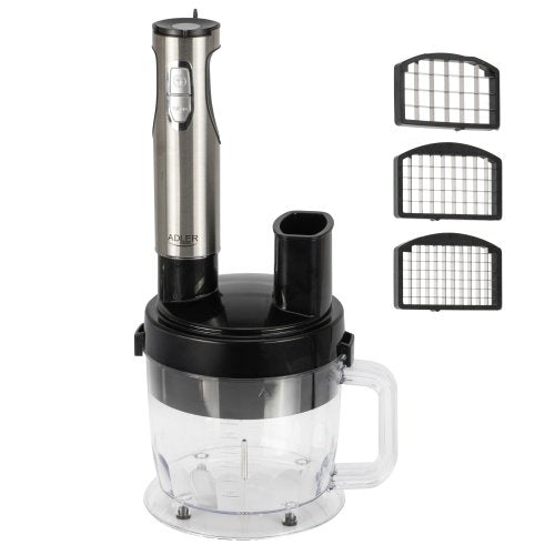 Daudzfunkcionāls rokas blenderu komplekts, 21 ātruma režīms ar „Turbo” funkciju, 1500 ml virtuves kombains, 860 ml smalcinātājs, kubiņu griešanas uzgalis, putotājs, mīklas mīcīšanas uzgaļi, biezeņa pagatavošanas uzgalis, 600 ml krūze