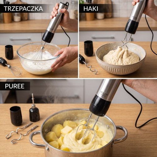 Daudzfunkcionāls rokas blenderu komplekts, 21 ātruma režīms ar „Turbo” funkciju, 1500 ml virtuves kombains, 860 ml smalcinātājs, kubiņu griešanas uzgalis, putotājs, mīklas mīcīšanas uzgaļi, biezeņa pagatavošanas uzgalis, 600 ml krūze