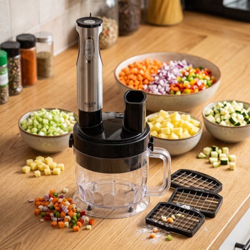 Daudzfunkcionāls rokas blenderu komplekts, 21 ātruma režīms ar „Turbo” funkciju, 1500 ml virtuves kombains, 860 ml smalcinātājs, kubiņu griešanas uzgalis, putotājs, mīklas mīcīšanas uzgaļi, biezeņa pagatavošanas uzgalis, 600 ml krūze