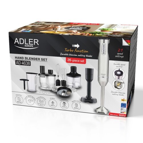 Daudzfunkcionāls rokas blenderu komplekts, 21 ātruma režīms ar „Turbo” funkciju, 1500 ml virtuves kombains, 860 ml smalcinātājs, kubiņu griešanas uzgalis, putotājs, mīklas mīcīšanas uzgaļi, biezeņa pagatavošanas uzgalis, 600 ml krūze