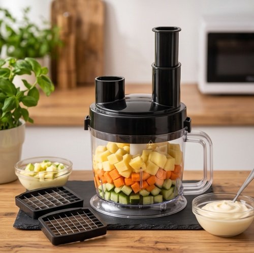 Daudzfunkcionāls rokas blenderu komplekts, 21 ātruma režīms ar „Turbo” funkciju, 1500 ml virtuves kombains, 860 ml smalcinātājs, kubiņu griešanas uzgalis, putotājs, mīklas mīcīšanas uzgaļi, biezeņa pagatavošanas uzgalis, 600 ml krūze