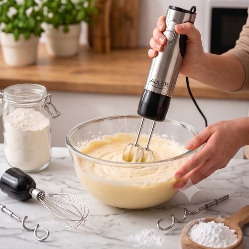 Daudzfunkcionāls rokas blenderu komplekts, 21 ātruma režīms ar „Turbo” funkciju, 1500 ml virtuves kombains, 860 ml smalcinātājs, kubiņu griešanas uzgalis, putotājs, mīklas mīcīšanas uzgaļi, biezeņa pagatavošanas uzgalis, 600 ml krūze