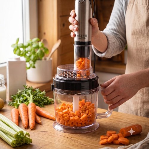 Daudzfunkcionāls rokas blenderu komplekts, 21 ātruma režīms ar „Turbo” funkciju, 1500 ml virtuves kombains, 860 ml smalcinātājs, kubiņu griešanas uzgalis, putotājs, mīklas mīcīšanas uzgaļi, biezeņa pagatavošanas uzgalis, 600 ml krūze