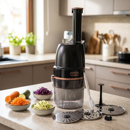 Elektriskā rīve „4-in-1“, 200 W, kartupeļiem, cukiniem, dārzeņiem, augļiem un riekstiem, 4 uzgaļi, 900 ml trauks