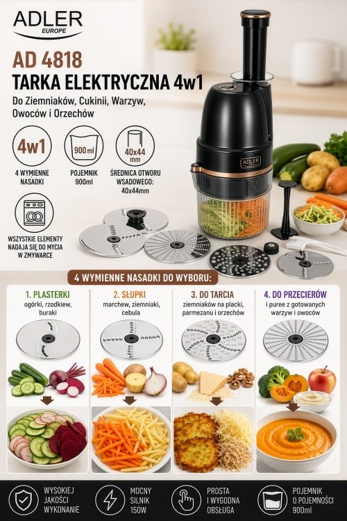Elektriskā rīve „4-in-1“, 200 W, kartupeļiem, cukiniem, dārzeņiem, augļiem un riekstiem, 4 uzgaļi, 900 ml trauks