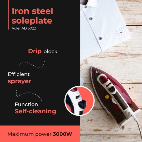 Adler gludeklis steel soleplate Max power 3000 W