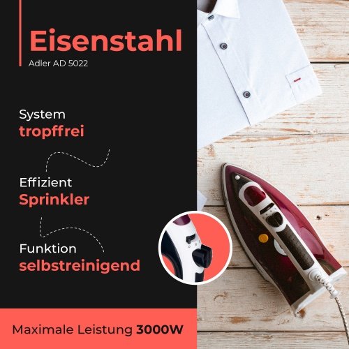 Adler gludeklis steel soleplate Max power 3000 W