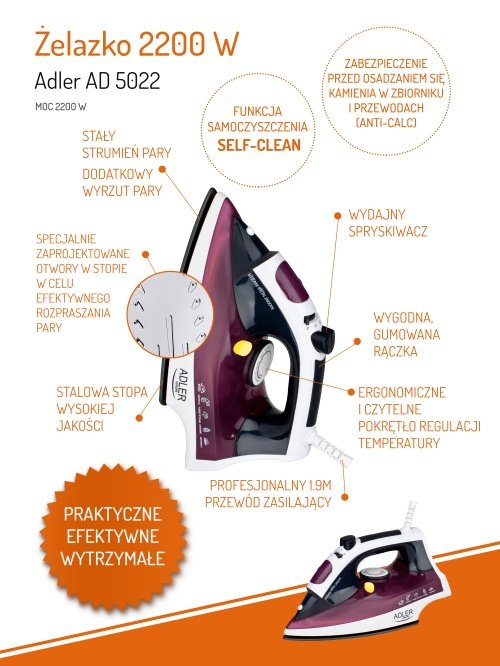 Adler gludeklis steel soleplate Max power 3000 W