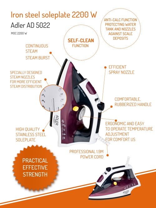 Adler gludeklis steel soleplate Max power 3000 W