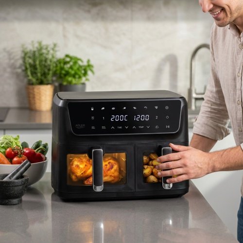 Divkameru gaisa friteze ar cepeškrāsni, 11 l – 6,5 l + 4,5 l