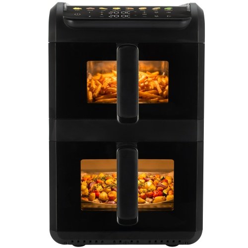 Divkāršā gaisa friteze 10 l, 2700 W, divi grozi (4 l un 6 l), neatkarīgi vadības elementi, skata logi, LED displejs, 8 programmas, 80–200 °C