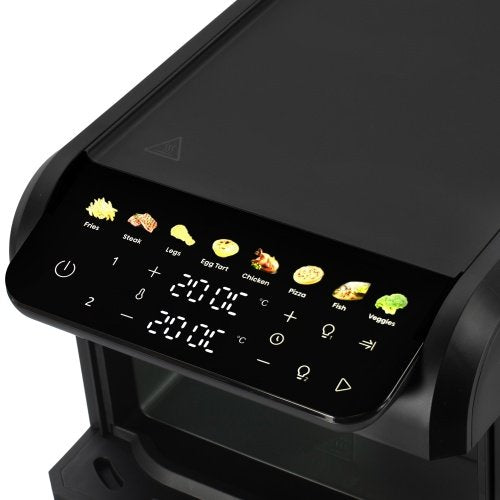 Divkāršā gaisa friteze 10 l, 2700 W, divi grozi (4 l un 6 l), neatkarīgi vadības elementi, skata logi, LED displejs, 8 programmas, 80–200 °C