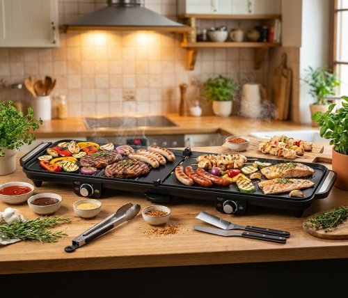 Elektriskais galda grils 180°, liela grilēšanas virsma 2070 cm², 2 neatkarīgi regulējamas plāksnes, temperatūras regulēšana, nelīpošs pārklājums