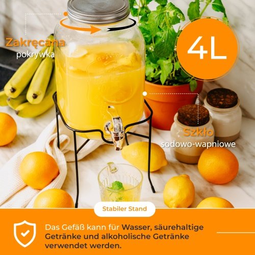 Dzērienu padevējs ar krānu, 4 l, ar pamatni | Stikla dzērienu trauks ar rezerves krānu