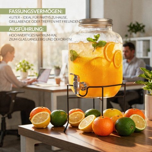 Dzērienu padevējs ar krānu, 4 l, ar pamatni | Stikla dzērienu trauks ar rezerves krānu